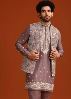 Purple Linen Satin Embroidered Jacket Kurta Set