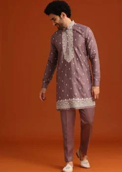 Purple Linen Satin Embroidered Jacket Kurta Set