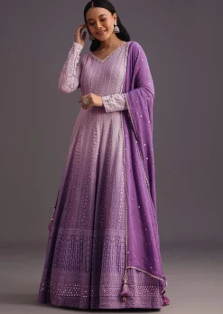 Purple Lucknowi Anarkali With Sequin Work Dupatta