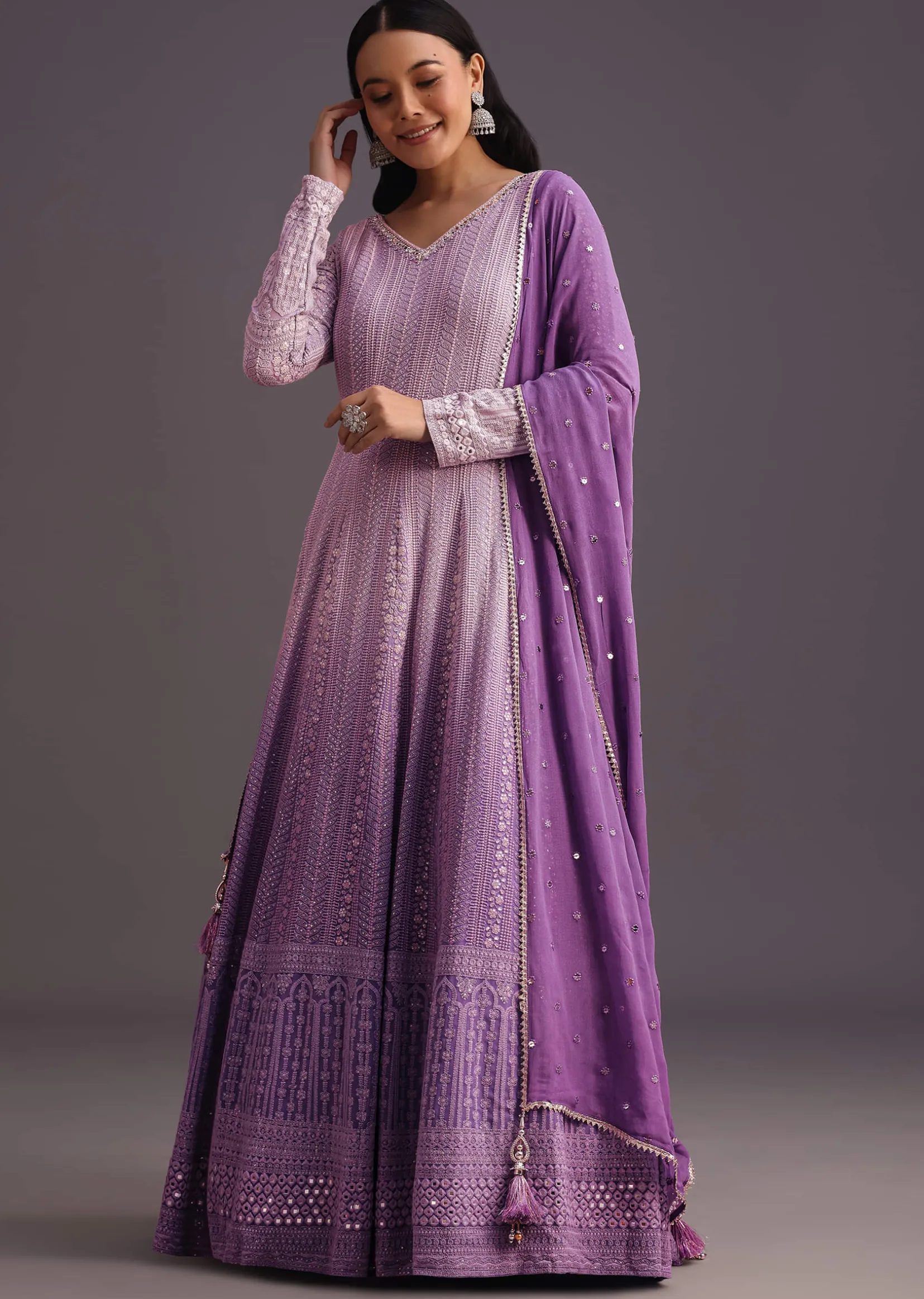 Purple Lucknowi Anarkali With Sequin Work Dupatta