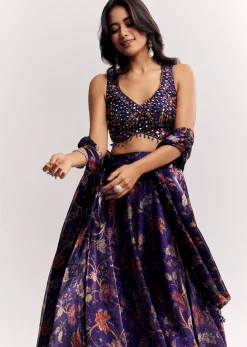 Purple Mirror Work Lehenga Choli Set In Organza Tissue
