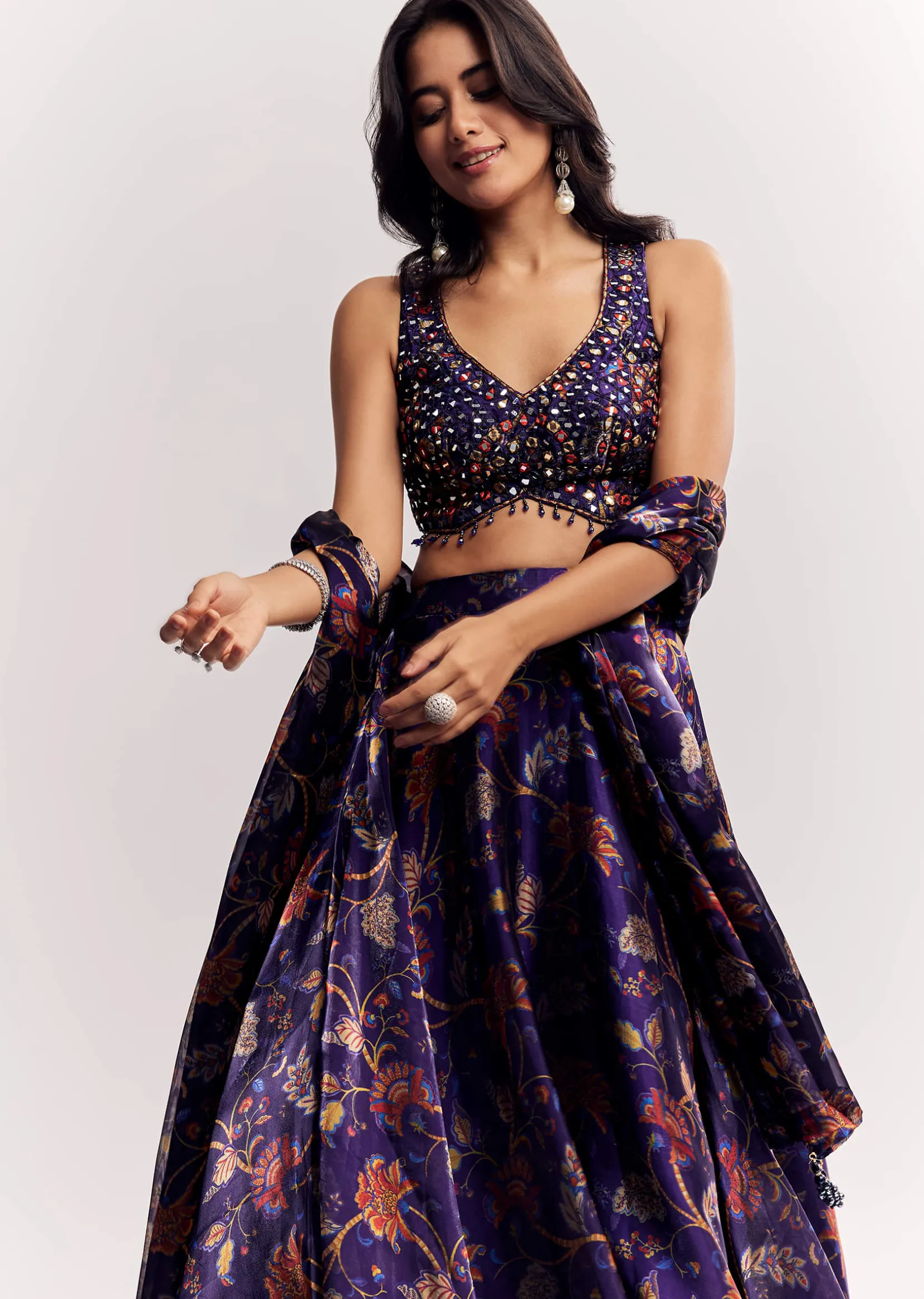 Purple Mirror Work Lehenga Choli Set In Organza Tissue