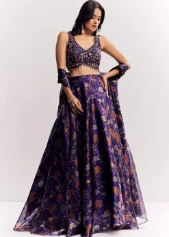 Purple Mirror Work Lehenga Choli Set In Organza Tissue