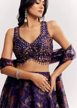 Purple Mirror Work Lehenga Choli Set In Organza Tissue
