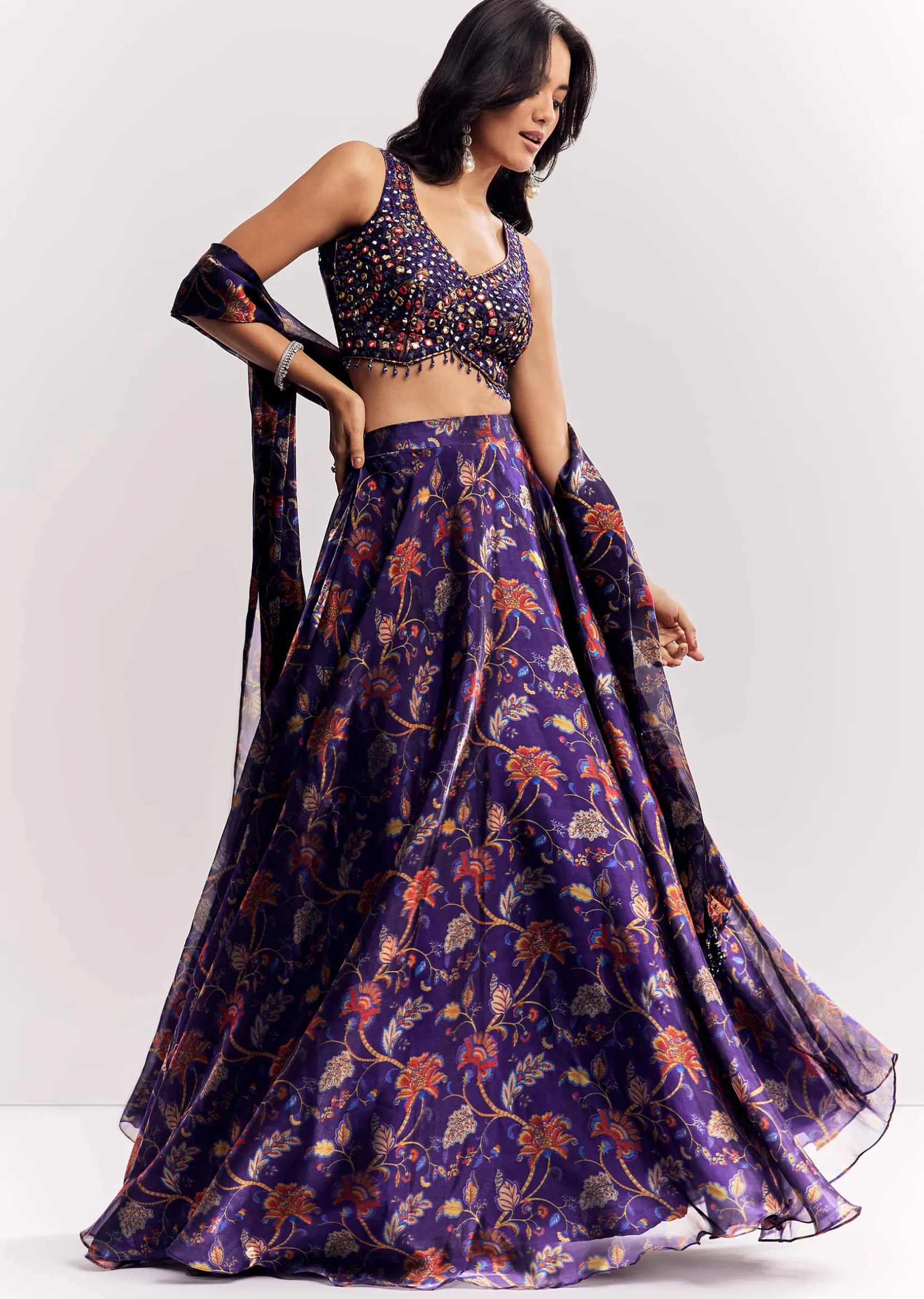 Purple Mirror Work Lehenga Choli Set In Organza Tissue
