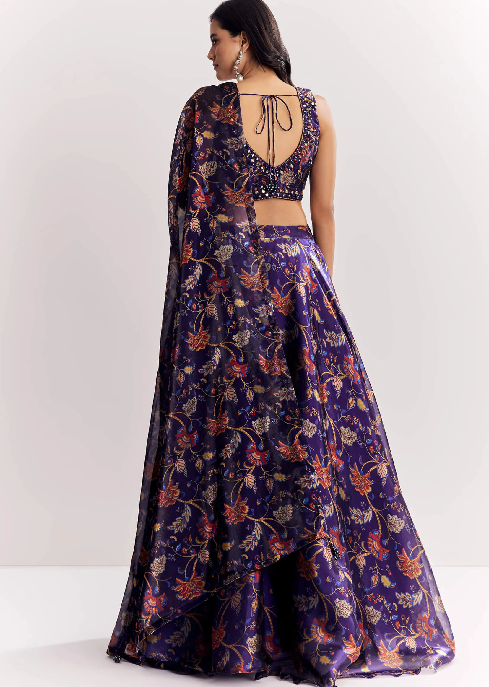 Purple Mirror Work Lehenga Choli Set In Organza Tissue