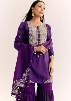 Purple Moti Threadwork Dola Silk Sharara Suit With Organza Dupatta