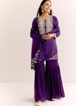 Purple Moti Threadwork Dola Silk Sharara Suit With Organza Dupatta