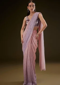 Purple Ombre Ready Draped Sequin Saree With Fancy Blouse