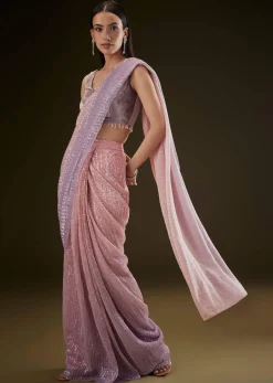 Purple Ombre Ready Draped Sequin Saree With Fancy Blouse
