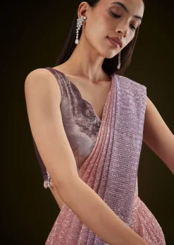 Purple Ombre Ready Draped Sequin Saree With Fancy Blouse