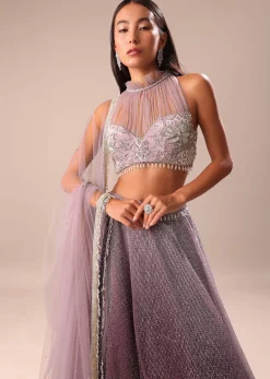 Purple Ombre Sequin Lehenga With Ruched Halter Blouse