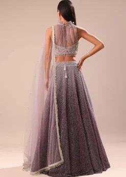 Purple Ombre Sequin Lehenga With Ruched Halter Blouse