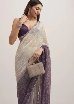 Purple Ombre Sequins Saree With Scallop Border