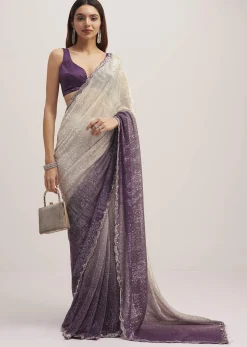 Purple Ombre Sequins Saree With Scallop Border