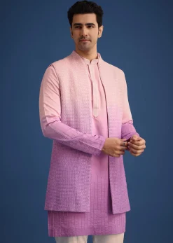 Purple Ombre Silk Zardozi Work Long Jacket And Kurta Set