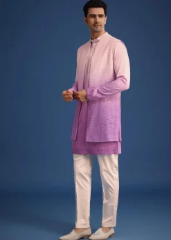 Purple Ombre Silk Zardozi Work Long Jacket And Kurta Set