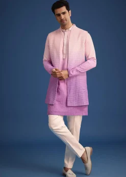 Purple Ombre Silk Zardozi Work Long Jacket And Kurta Set