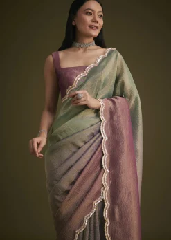 Purple Ombre Tissue Saree With Scallop Border