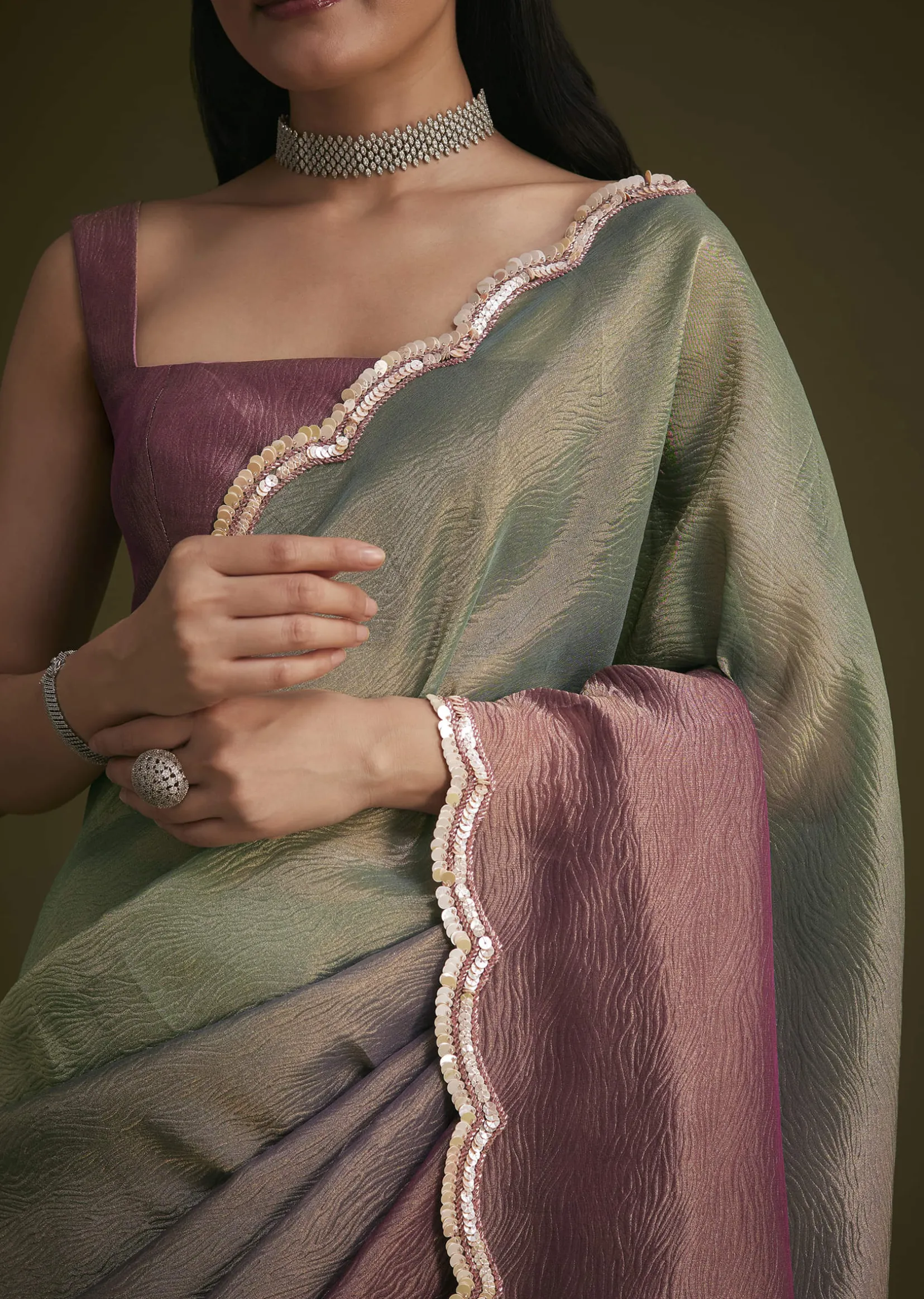 Purple Ombre Tissue Saree With Scallop Border