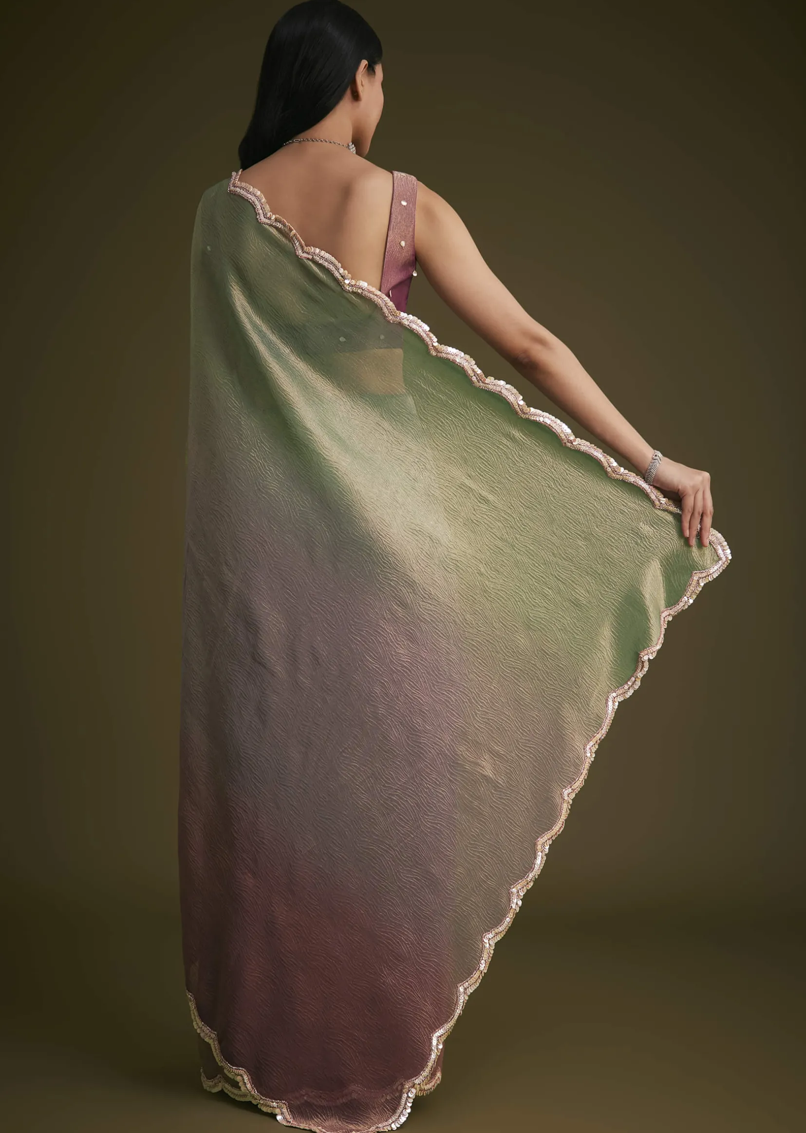 Purple Ombre Tissue Saree With Scallop Border