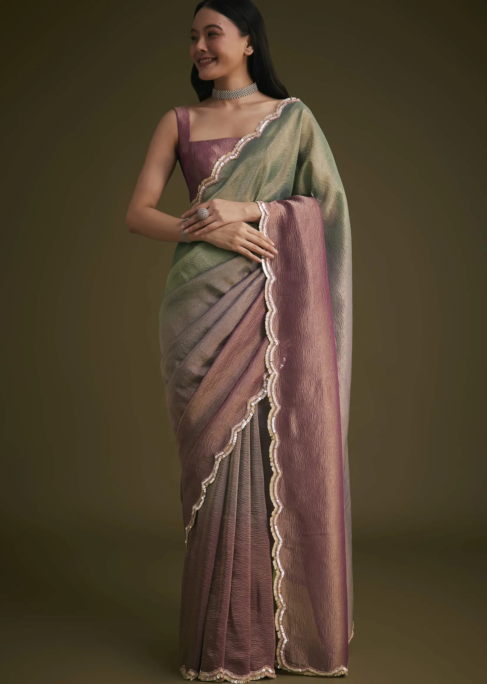 Purple Ombre Tissue Saree With Scallop Border
