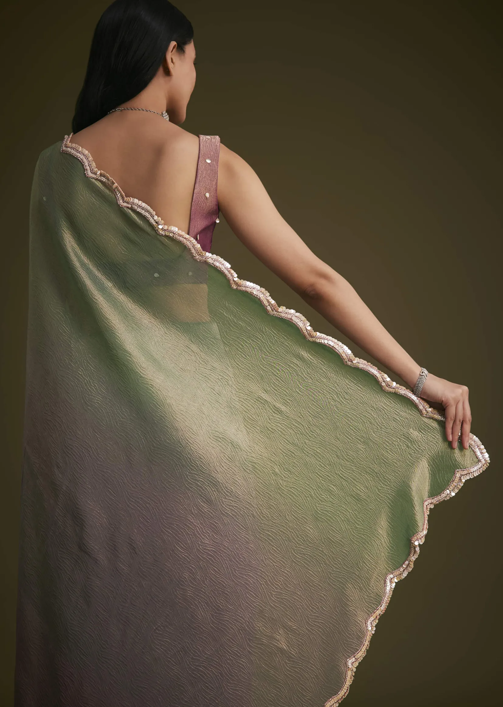 Purple Ombre Tissue Saree With Scallop Border