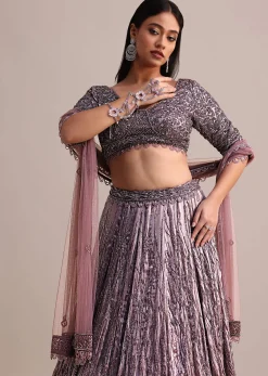 Purple Organza Bridal Lehenga With Embroidered Blouse And Net Dupatta