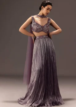 Purple Organza Hand Embellished Ruched Lehenga Set With Choker Dupatta