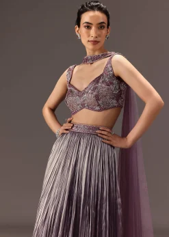 Purple Organza Hand Embellished Ruched Lehenga Set With Choker Dupatta