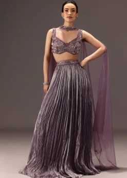 Purple Organza Hand Embellished Ruched Lehenga Set With Choker Dupatta