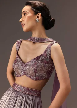 Purple Organza Hand Embellished Ruched Lehenga Set With Choker Dupatta