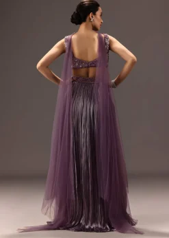 Purple Organza Hand Embellished Ruched Lehenga Set With Choker Dupatta