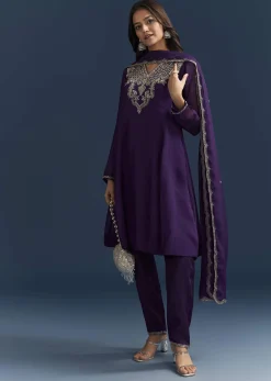 Purple Organza Kurta Set With Embroidery And Dupatta