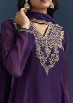 Purple Organza Kurta Set With Embroidery And Dupatta