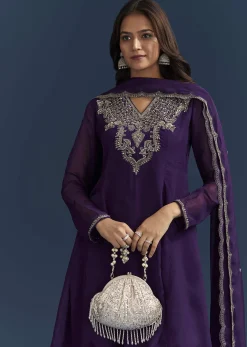 Purple Organza Kurta Set With Embroidery And Dupatta