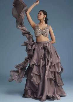 Purple Organza Ruffle Lehenga Set With Embellished Blouse