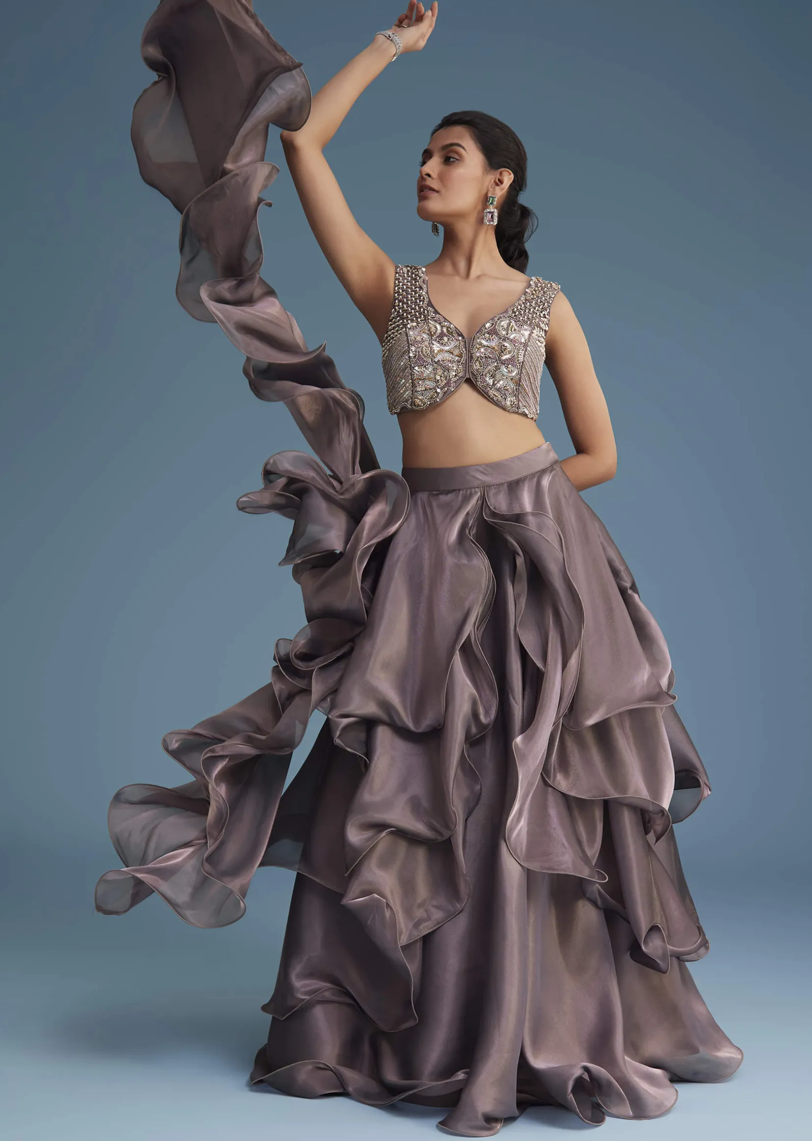 Purple Organza Ruffle Lehenga Set With Embellished Blouse