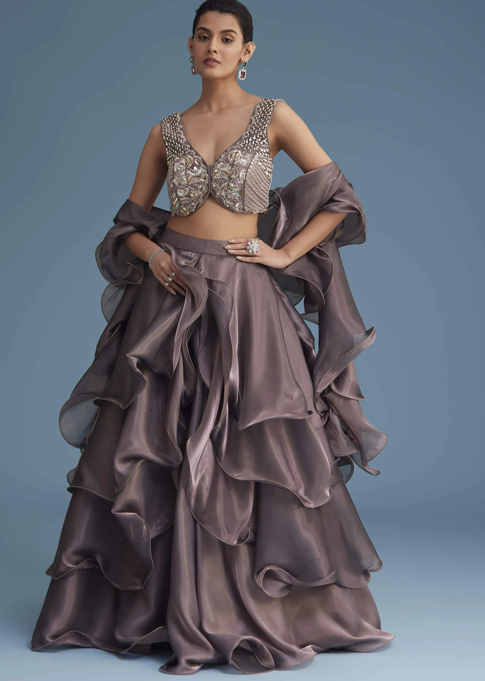 Purple Organza Ruffle Lehenga Set With Embellished Blouse