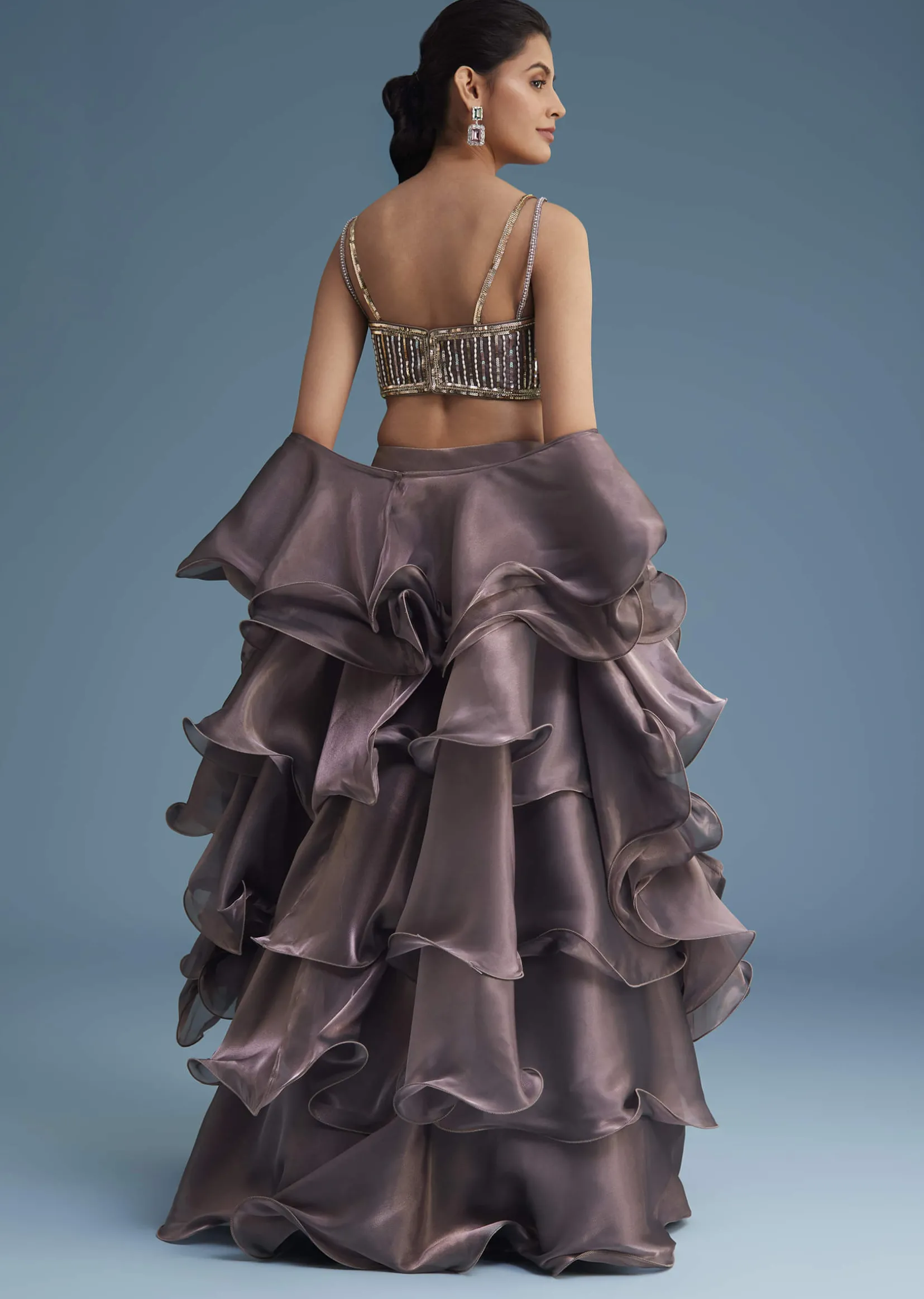 Purple Organza Ruffle Lehenga Set With Embellished Blouse