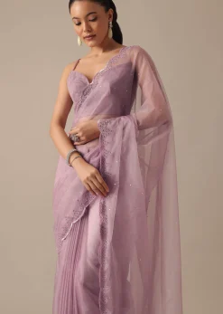 Purple Organza Saree with Embellished Border and Unstitched Blouse Piece