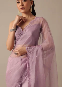 Purple Organza Saree with Embellished Border and Unstitched Blouse Piece