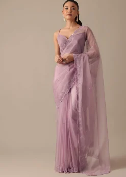 Purple Organza Saree with Embellished Border and Unstitched Blouse Piece