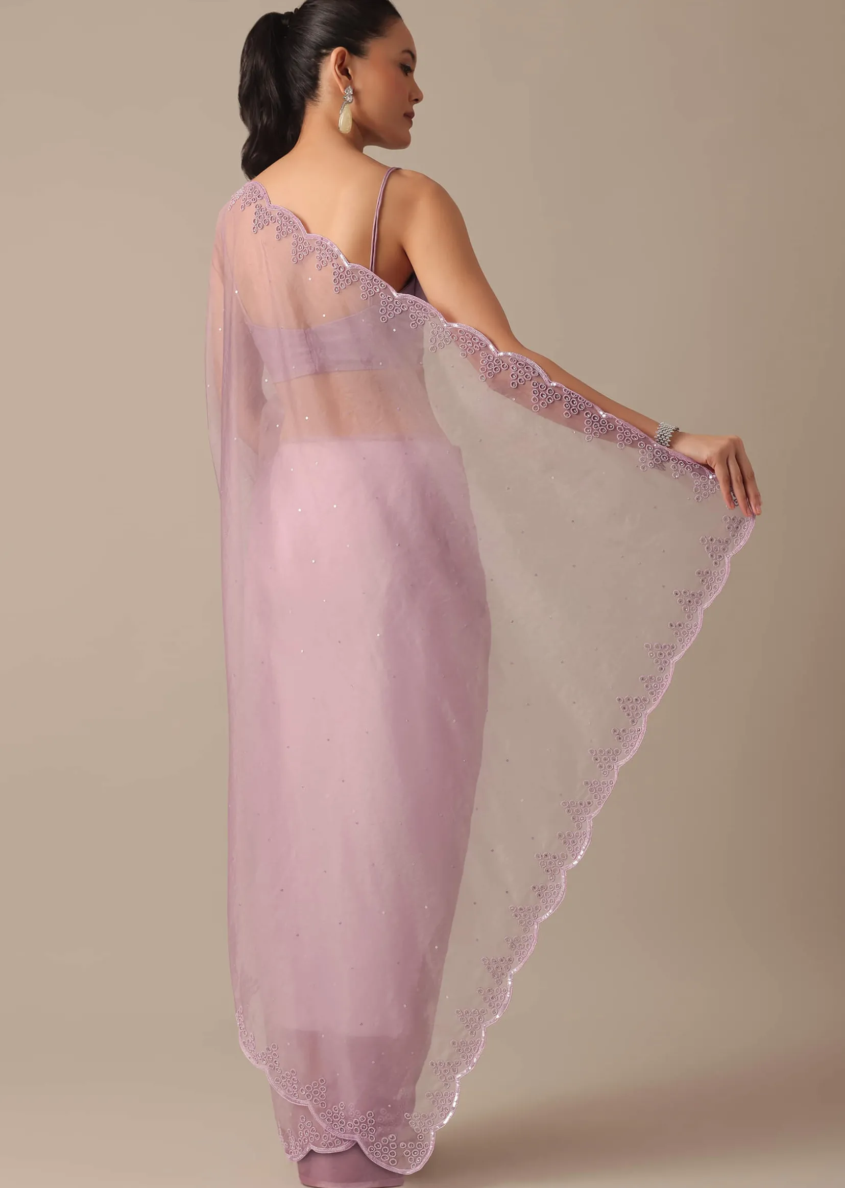 Purple Organza Saree with Embellished Border and Unstitched Blouse Piece