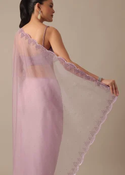 Purple Organza Saree with Embellished Border and Unstitched Blouse Piece