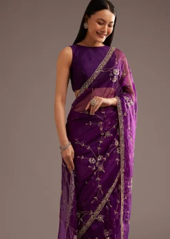 Purple Organza Tissue Saree With Sequins And Cutdana Jaal