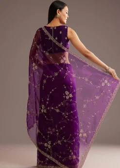Purple Organza Tissue Saree With Sequins And Cutdana Jaal