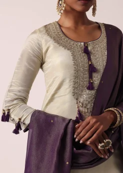 Purple Palazzo Set In Silk With Embroidered Kurta