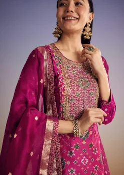 Purple Patola And Bandhani Print Kurta Set With Banarasi Dupatta