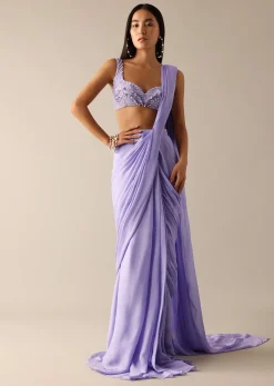 Purple Pre Pleated Saree with Pearl Embroidered Blouse